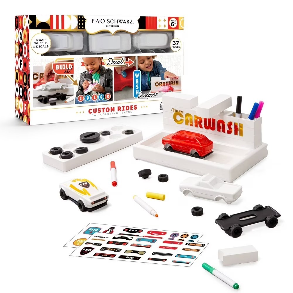 FAO Schwarz Custom Rides Cars Coloring Playset 37 Pieces Swap Wheels & Decals